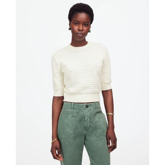 Madewell Textural-Stitch Cotton Sweater Womens M Cream Ribbed Trim Short Sleeve - Picture 1 of 8